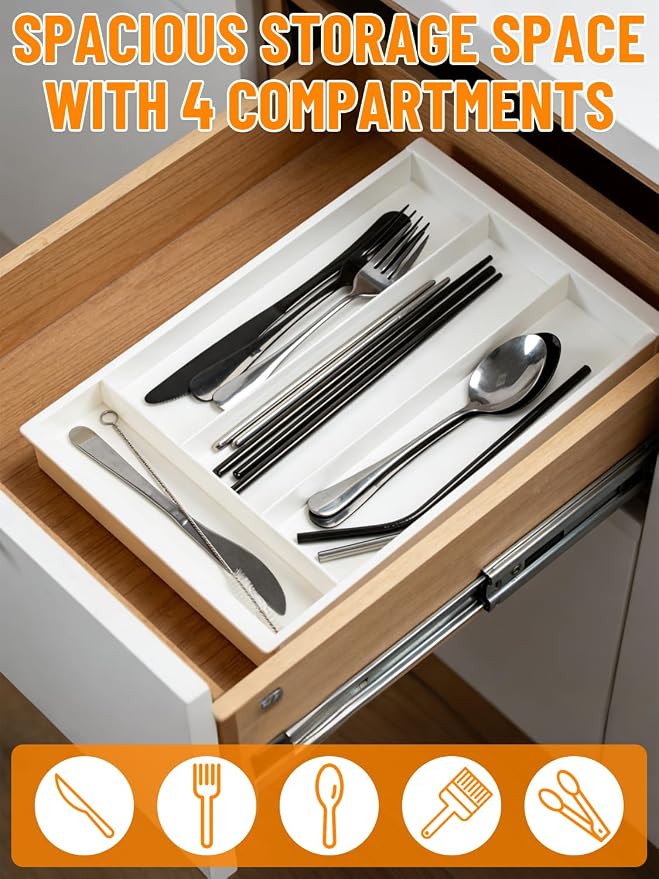 Silverware Drawer Organizer Tray (Cream) | Adjustable Small Utensil Holder for Spoon and Fork, Expandable Flatware Cutlery Tray for Kitchen Drawers
