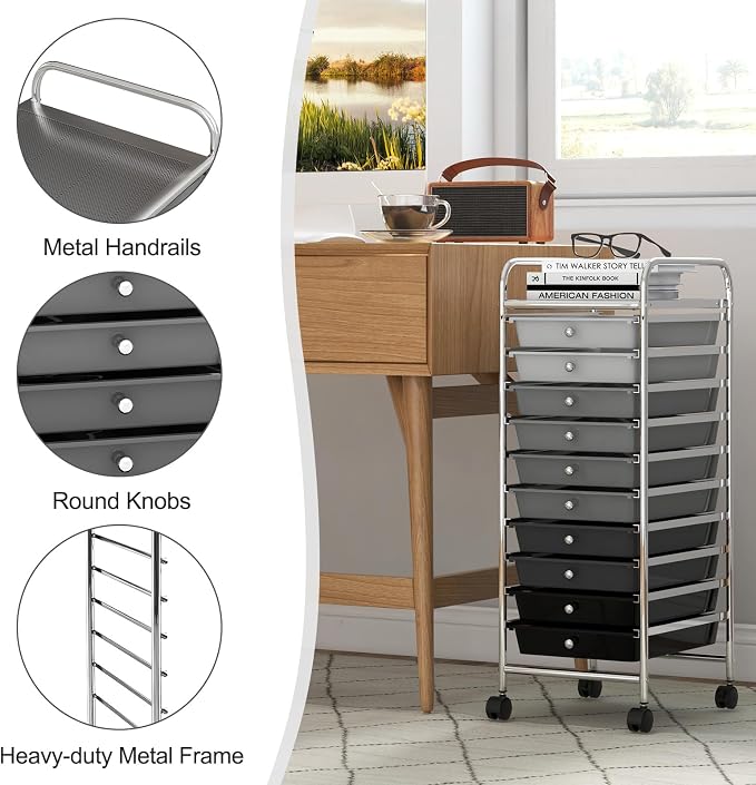 GOFLAME 10-Drawer Rolling Storage Drawer Cart, Utility Cart with Removable Drawers & Metal Frame, Mobile Art Craft Drawer Cart with Lockable Wheels for Home, Office, Studio, School, Gray Gradient