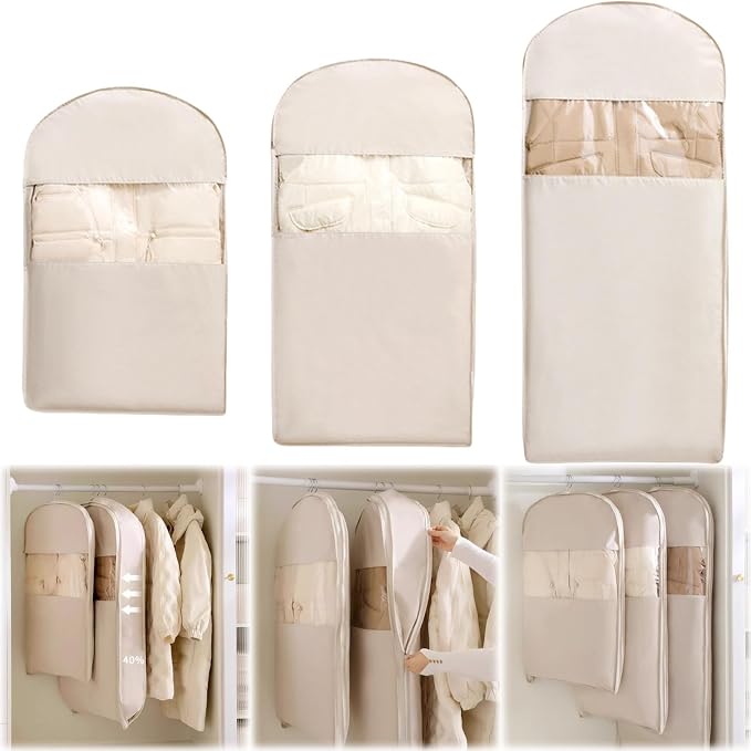3PCS Space Saving Hanging Garment Bag with Self Compression Zipper, Compression Space Saver Closet Storage Organizers, Dust Cover Clothes Bags for Down Coat (Beige,M+L+XL)