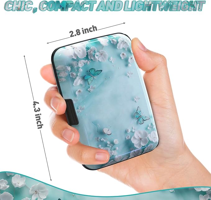 Credit Card Holder, Mini RFID Small Aluminum Card Wallet Business Card Case | Blocking Slim Metal RFID Blocking Front Pocket Wallet Hard Case Durable CC Holder for Women Girls, Green Teal Butterfly
