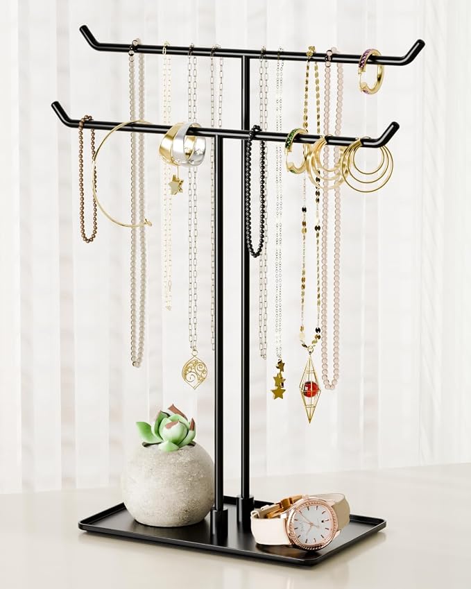 bussdis Necklace Holder Stand,Metal Jewelry Organizer for Home Decor,Black | Modern Design,Easy Assembly,Non-Slip EVA Pads,Gift for Woman,Necklace Display for Bedroom,Vanity and Dresser
