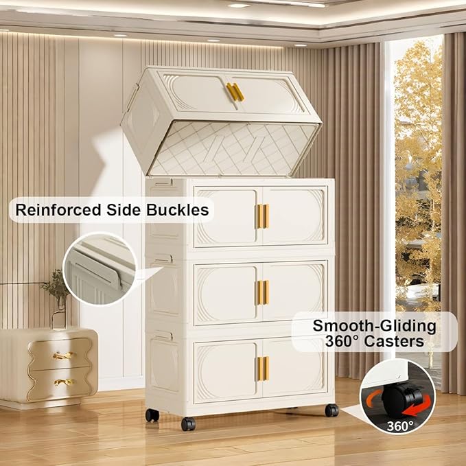 3-Tier Stackable Storage Bins with Wheels & Magnetic Doors, Foldable Collapsible Organizer Cabinet with Lids, 40 QT Arc-Design Clear Storage Boxes for Bedroom, Kitchen, Office, Dorm