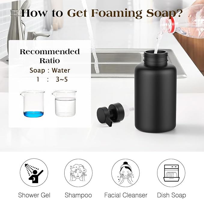 Luxspire Foaming Soap Dispenser, Glass Foam Pump Soap Dispenser, Non-Slip Hand Soap Bottle with 5 Waterproof Labels, 15 Oz Refillable Liquid Soap Bottle for Bathroom & Kitchen, Black, 1 Pack