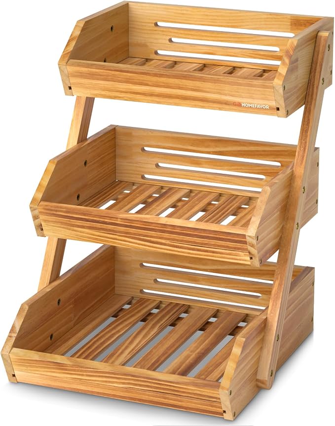 G.a HOMEFAVOR Wooden 3 Tier Fruit Basket, Brown, Pine Wood, Sturdy, Self-assembly