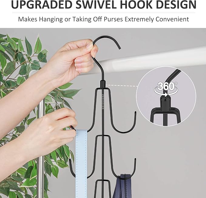 ZEDODIER Purse Organizer for Closet, Rotatable Purse Hanger Bag Holder, Max 8 Storage Capacity Backpack Rack, Metal Space Saving Hanger, Black