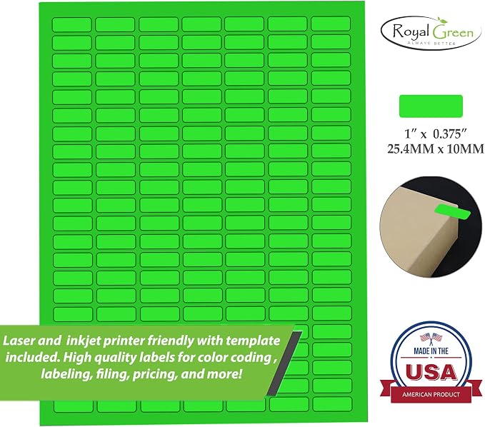 Rectangular Small Labels Printable Stickers for Injket Printers in Neon Green, Small Matte Labels 1 inch x 0.375 inch for Laser Printers with Template Included - 1078 Pack