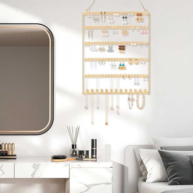6 Tier Earring Holder Wall Mounted Hanging Earring Organizer Gold | Earring Display Storage with 123 Holes and 129 Grooves Jewelry Organizer Tree for Stud/Hoop/Dangle Earrings Necklace