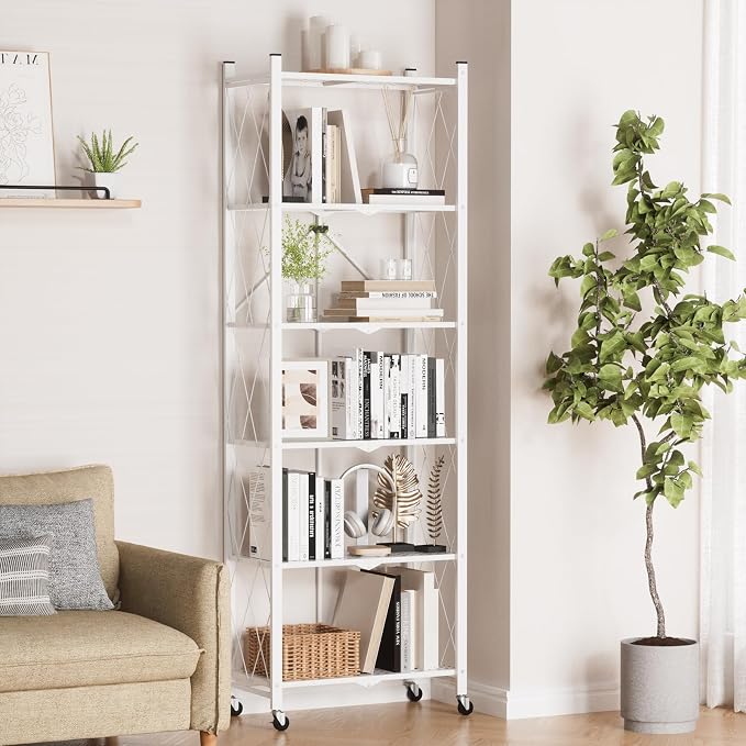 ALANNG 73.6 Inch Folding Bookshelf, 6 Tier Metal Bookcase and Bookshelves | Tall Shelves for Living Room Office Bedroom, Heavy Duty Book Shelve Free Standing Open (White, 4PACK)