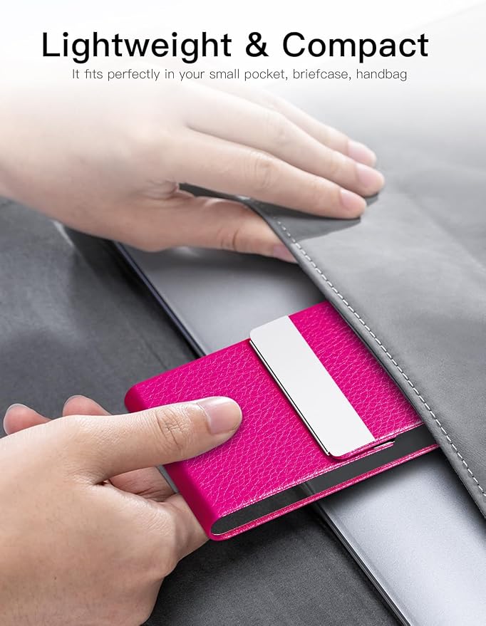 Padike PU Leather Business Card Holder for Women Professional Business Name Card Holder Stainless Steel Business Card Case with Magnetic Shut (Rose red)