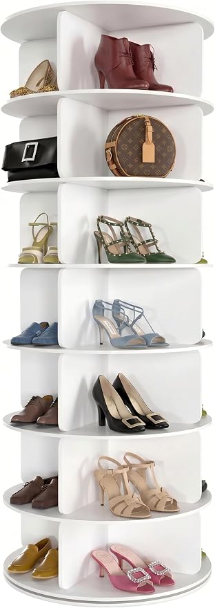 Cushore 7 Tier Rotating Shoe Rack Tower, 360° Spinning Shoe Display Lazy Susan, Tall Revolving Shoe Storage Round Carousel, White