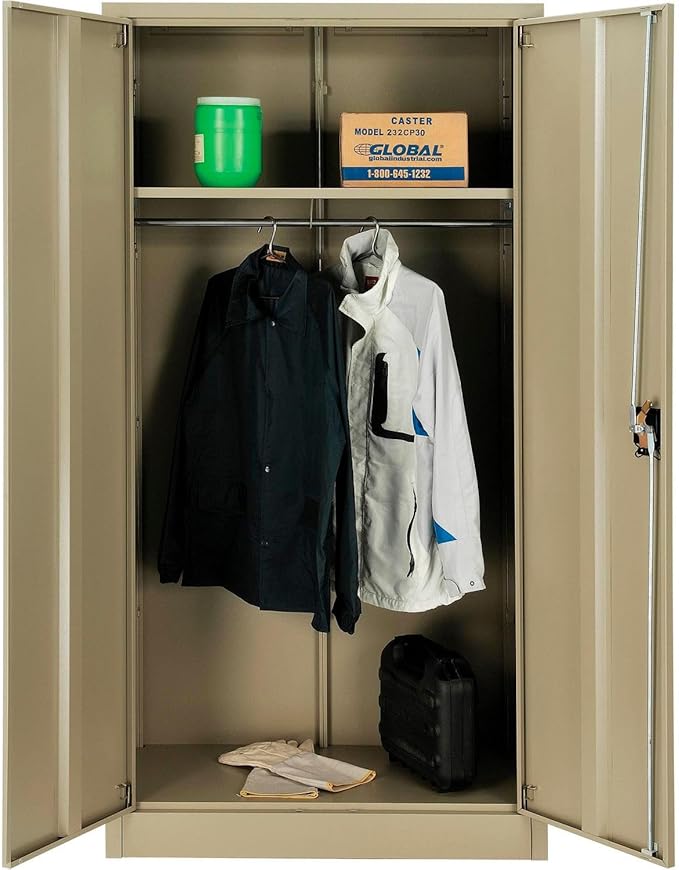 Global Industrial Wardrobe Storage Cabinet with Garment Rod, Steel Construction, Recessed Handle with Keyed Lock, 300 lbs Shelf Capacity, 36" W x 18" D x 72" H, Tan, Easy Assembly