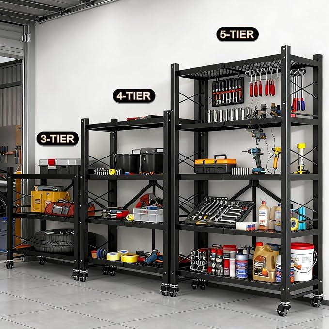 3-Tier Folding Storage Shelves, Heavy Duty Garage Shelving Unit, Adjustable Metal Standing Storage Rack Shelf, No Assembly Wire Shelving Organizer with Wheels for Kitchen Pantry Warehouse
