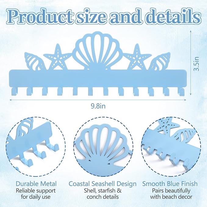 Hicarer 2 Pack Ocean Necklace Holder Wall Mount with 24 Hooks Adhesive Metal Seashell Starfish Hanger Coastal Jewelry Organizer Beach Decor for Earrings Bracelets Rings