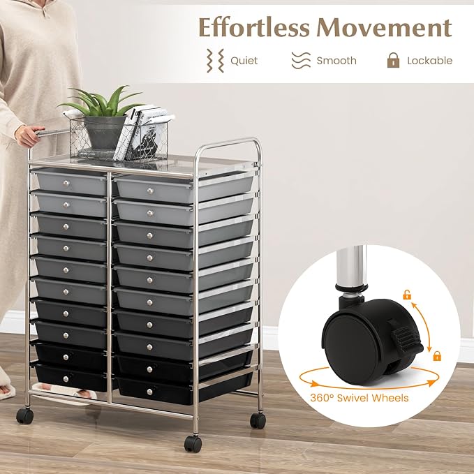 LDAILY 20-Drawer Rolling Storage Cart, Rolling Storage Cart, Storage Organizer on Wheels, Metal Frame, Scrapbook Paper Tools, Suitable for Office School, Classroom (Gradient Grey, 20 Drawer)