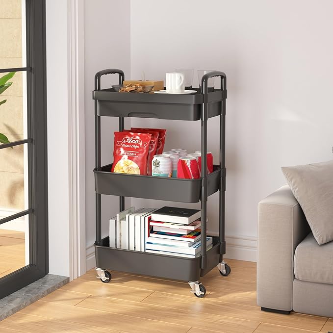 Calmootey 3-Tier Rolling Utility Cart with Drawer,Multifunctional Storage Organizer with Plastic Shelf & Metal Wheels,Storage Cart for Kitchen,Bathroom,Living Room,Office,Black | Space-Saving Organizer, Sturdy Plastic Shelves, Smooth-Rolling Metal Whee...