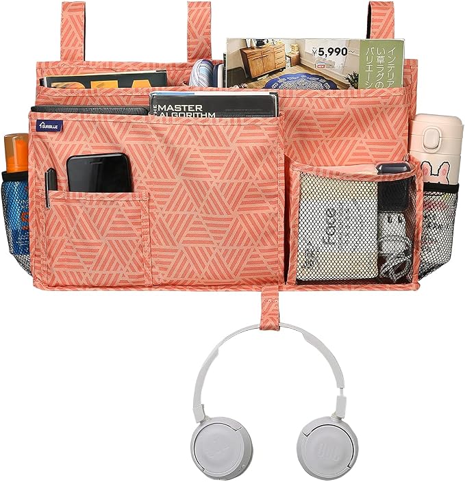 Surblue Bedside Caddy Hanging Organizer Storage Bag Pocket for Bunk, Hospital, College Dorm Rooms, Baby Bed Rails, Camp (8 Pockets), Orange Plaid