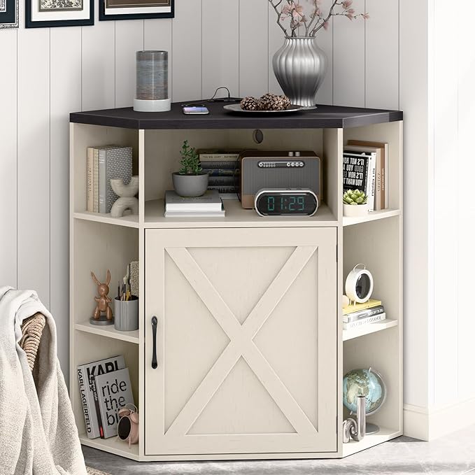 Halitaa Corner Storage Cabinet, Farmhouse Corner Bookshelf with Storage 6-Cubby Wooden Cabinet with USB Ports and Outlets Industrial Organizer for Small Space, Study, Playroom, Living Room