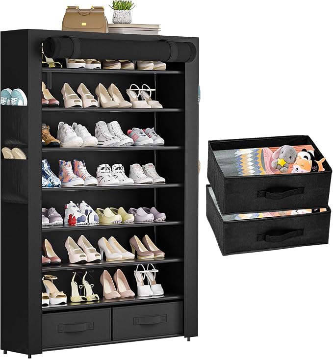 OYREL Shoe Rack Storage Cabinet with Dustproof Cover Two Boxes | 32 Pairs Tall Shoe Organizer Shelf for Closet Large Free Standing Shoe Rack Vertical Shoe Holder Stand