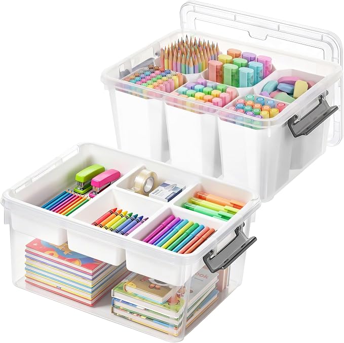 Citylife 17 QT Plastic Storage Box with Removable Tray and 6 Detachable Tall Inserts Craft Organizers and Storage Clear Storage Container for Organizing Crayon, Craft, Sewing, Playdoh, 2 Packs