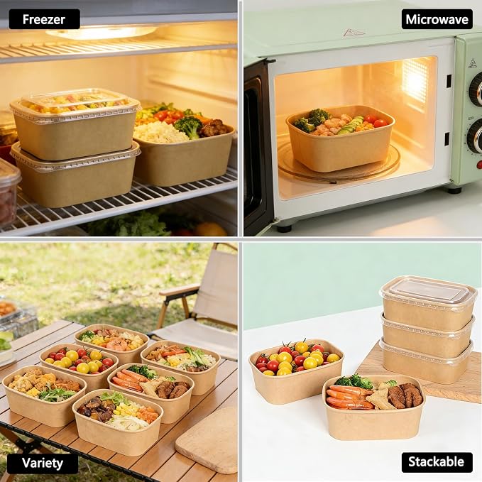25 Pack 35oz Disposable Kraft Paper Bowls with Lids and Forks, Rectangular Meal Prep Containers, Microwave Safe for Hot/Cold Food