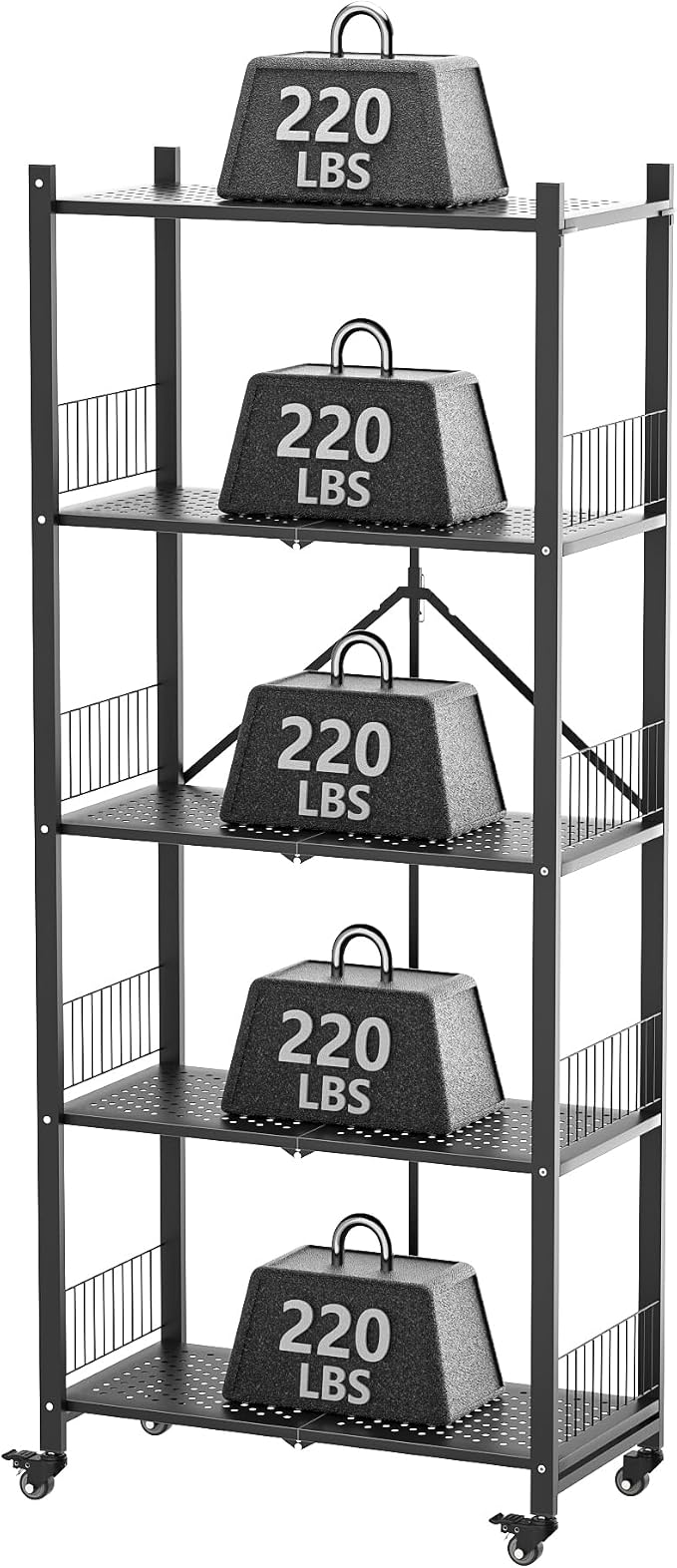 Heavy Duty Folding Shelves No Assembly, 5 Tier Metal Foldable Storage Shelves with Wheels, 220LBS Per Shelf Collapsible Rack for Garage Storage, Black