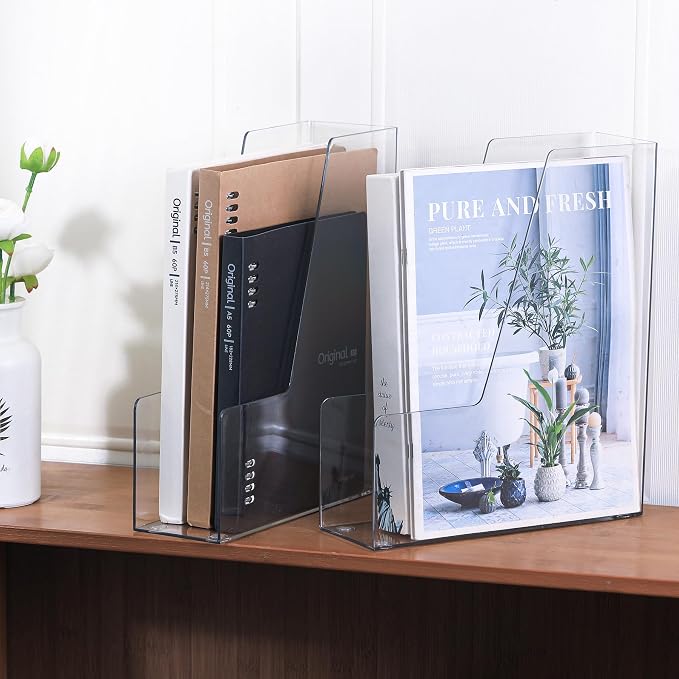 LALOBLUE Vertical Magazine File Holder, Clear, 4 Pack | Plastic, Holds Magazines, Binders, Notebooks, Envelopes, Desk Organizer and Storage Bins