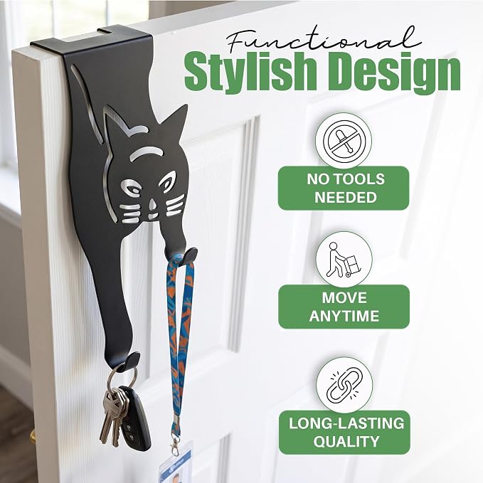 Evelots Cat Over The Door Hooks for Hanging-Set of 2 Black-Over The Door Organizer-Strong Metal Hooks
