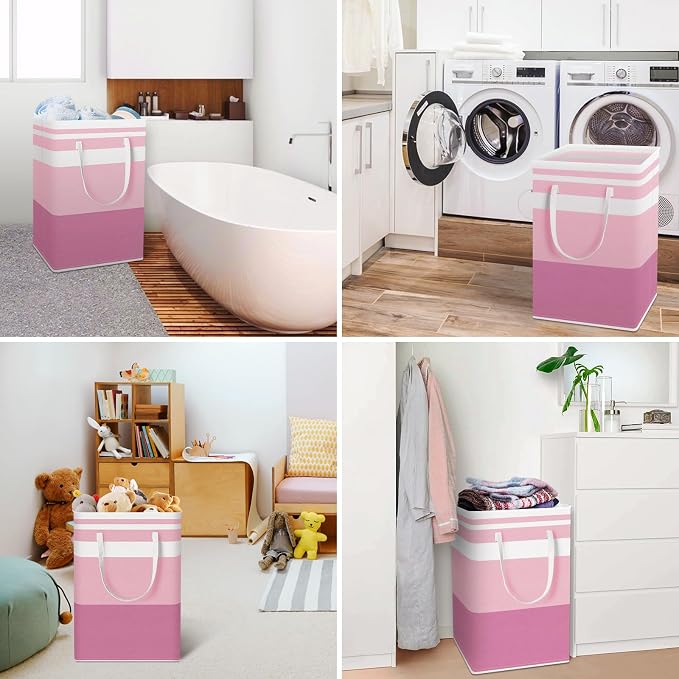 HomeHacks 2 Pack Large Laundry Baskets, Waterproof, Freestanding Laundry Hampers, Collapsible Clothes Hamper with Reinforced Handles in Laundry, College Dorm, Bathroom, Bedroom (Grey+Pink, 75Lx2)