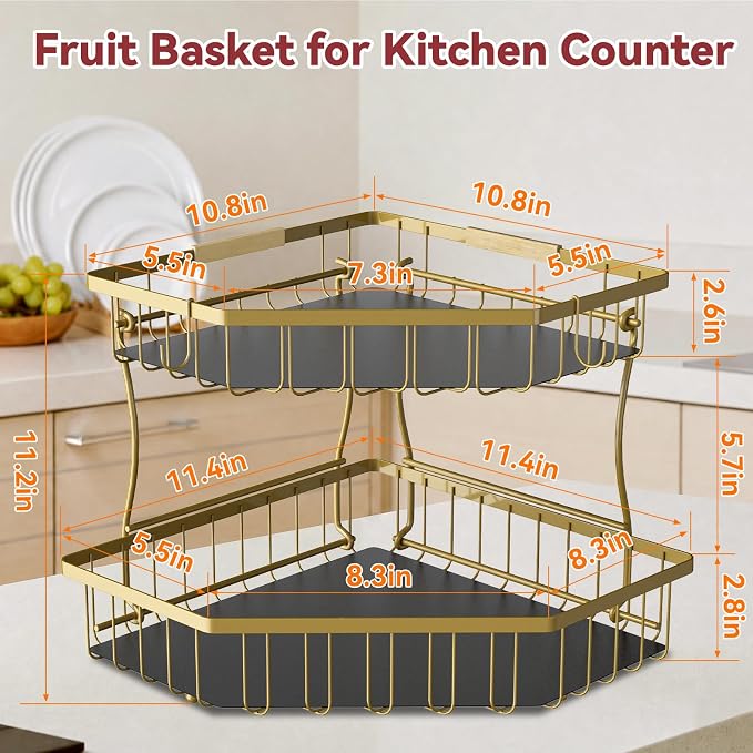 2 Tier Fruit Basket for Kitchen Counter - Detachable Metal Fruit Bowl with 2 Banana Hangers for Corner , Large Capacity Fruit Stand with Wooden Handle for Bread Fruit and Vegetable Storage - Gold