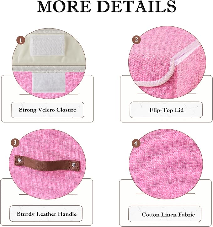 Collapsible Storage Boxes Baskets with Lid Cotton Linen Fabric Storage Bins with Faux Leather Handles Decorative Washable Cube Organizer Container for Home Closet Bedroom (Pink, Small Size)