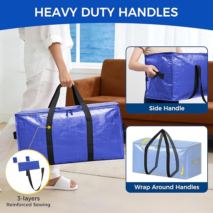 BAGAIL Heavy Duty Moving Bags with Strong Handle, Extra Large Moving Boxes, Storage Tote for Clothes, College Moving Supplies(Dark Blue, 8 Pack)