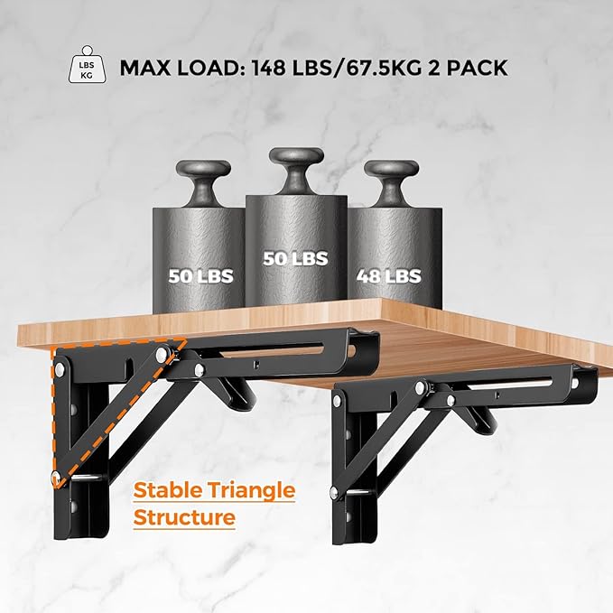 Ravinte Matte Black Folding Shelf Brackets, 10 Inch, 4 Pack | Collapsible Bracket Design, Table And Bench Support, Space-Saving Shelf Setup, For Worktops, Laundry Rooms, Garage Projects