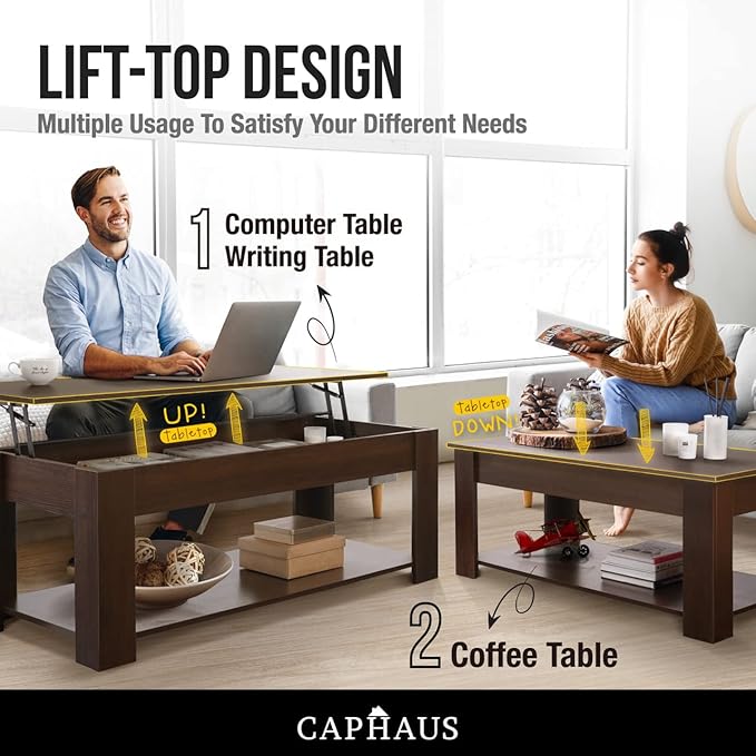 CAPHAUS Lift Top Coffee Table w/Storage, Storage Coffee Table w/Lift Top for Living Room, Rising Tabletop Coffee Table w/Hidden Compartment, Coffee Table w/Bottom Open Shelf, 41" Natural Oak
