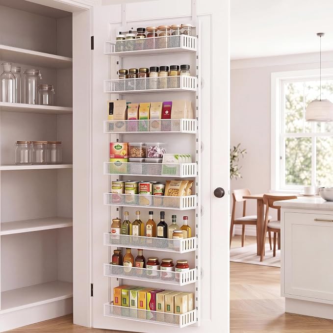 Over the Door Pantry Organizer, 8-Tier Heavy-Duty Door Spice Rack with Mesh Baskets, Height Adjustable & Anti-Swing Design, Pantry Door Organizers and Storage for Kitchen, Bathroom