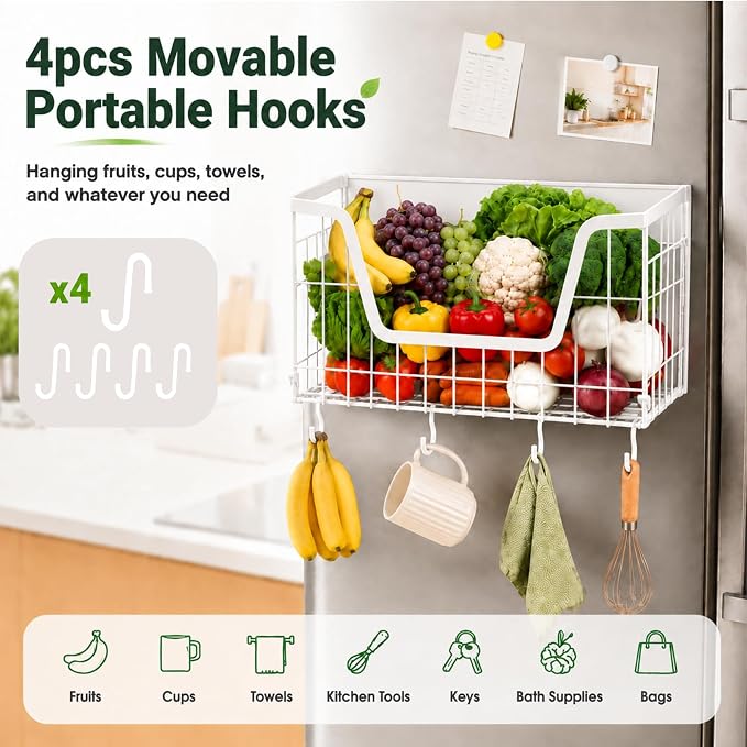 UFORU 2 Set Magnetic Shelf for Fridge, Magnetic Fruit Basket for Refrigerator, Potato Onion Storage Bins with Strong Magnets, Fridge Magnetic Spice Rack for Pantry Kitchen Counter Laundry Room, White