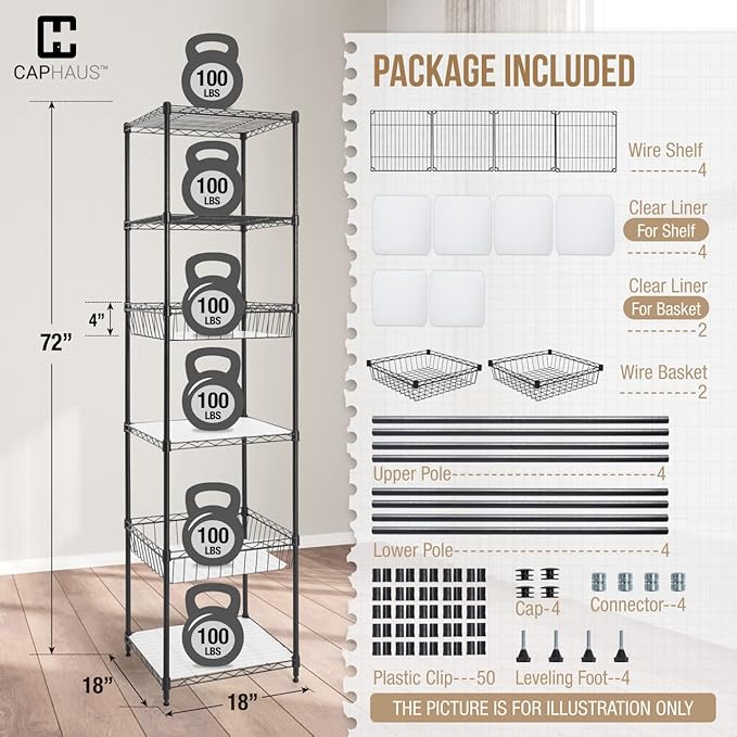 Fencer Wire NSF 6 Tier Wire Shelving Unit w/Baskets & Liner, Storage Rack Kitchen, Bathroom, Laundry Closet, Wire Shelving Basket Shelves, Storage Rack Corner Shelves, Black