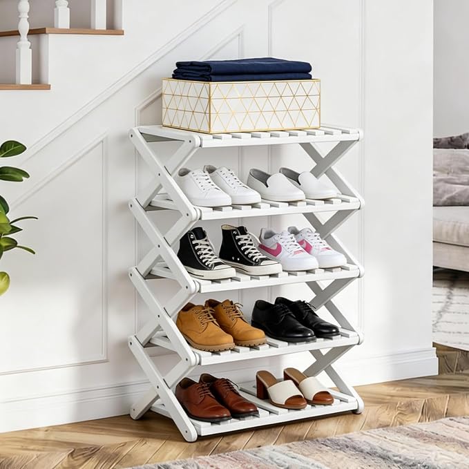 5 Tier Bamboo Shoe Rack White,Portable Folding Shoe Storage Rack,Without Installation Small Shoe Rack Perfect for Corridors, Drom, Bedrooms and Small Spaces