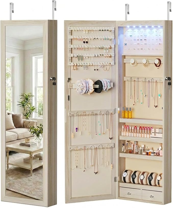 DUMOS Jewelry Armoire Cabinet with Full Length Mirror, 47.2" Tall Wall Mounted or Over the Door Jewelry Organizer with 33 Necklace Hooks, Lockable Large Capacity with Drawers, Khaki