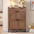 Fluted Shoe Cabinet Storage for Entryway – Narrow Shoe Rack with 2 Flip Drawers & 2 Storage Drawers, Freestanding Hidden Shoe Organizer for Foyer, Hallway (Walnut)