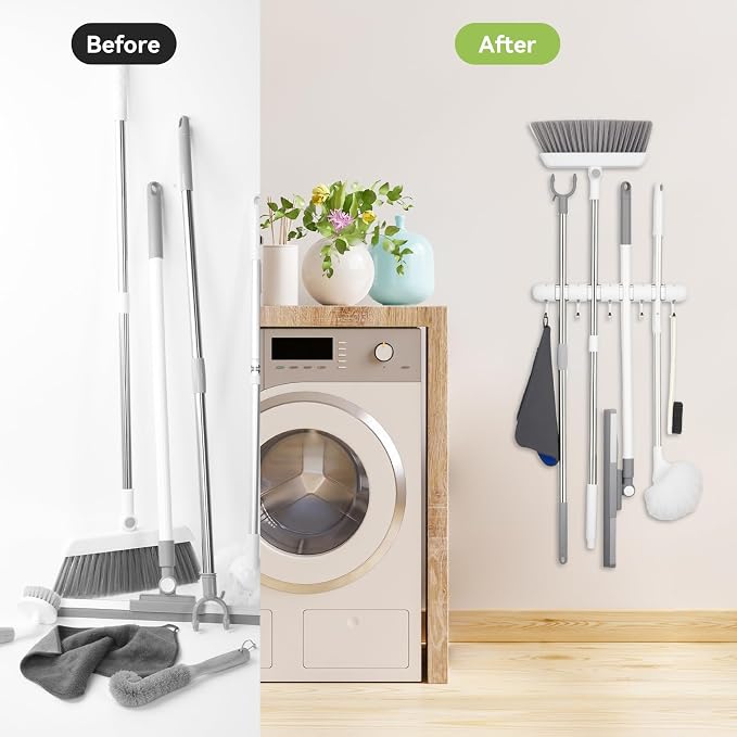 OTraki Broom Holder Wall Mount, No Drill Mop and Broom Organizer | with 4 Slots and 5 Hooks, Garden Tool Hanger for Laundry Room Closet Kitchen Garage Storage and Organization