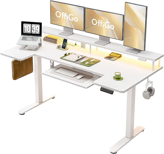 OffiGo 63 Inch U Shaped Electric Standing Desk with Keyboard Tray, White | 3 Outlets & 2 USB Ports, Dual-Monitor Stand, 10 Colors & 10 LED Modes, 3 Presets, 28.3"-46.5"in Range, 154 lb Capacity