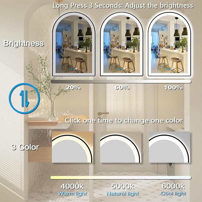 THEKLA 24 x 36 Inch Bathroom Black Arch Vanity Mirror with Light Black Frame Arch LED Mirror for Bathroom Wall Arched Lighted Mirror Anti Fog Dimmable 3 Color 36 Black Arched Smart LED Light up Mirror