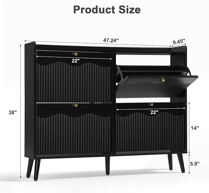 BERRYMERRY 47.2” Shoe Storage Cabinet for Entryway with 4 Flip Drawers, Narrow Shoe Organizer with Wave&Fluted Panel, Freestanding Wood Hidden Shoe Cabinet for Hallway