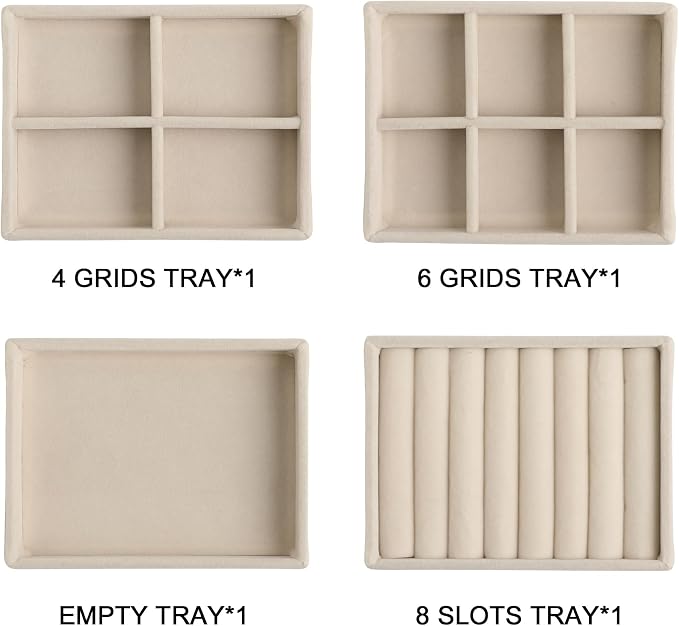 Frebeauty Small Jewelry Organizer for Drawer,Set of 4 Velvet Jewelry Trays | Jewelry Box Inserts,Drawer Inserts,Vanity Drawer Organizer,Mini Size,Stackable Earring Organizer,Adjustable Dividers