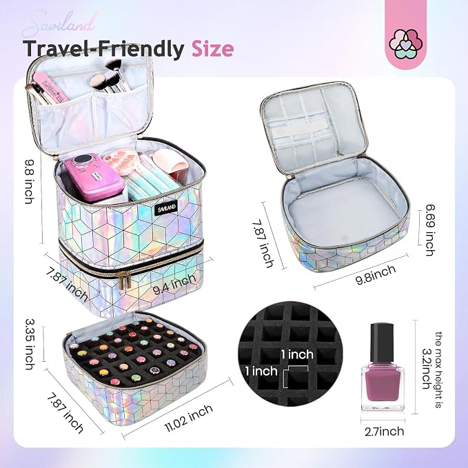 SAVILAND Nail Polish Organizer Bag: PU Leather Nail Kit Organizer Holds 30 Bottles & Nail Lamp, Holographic Nail Supply Organizer Nail Polish Holder Case Nail Organizers and Storage Box for Nail Tech