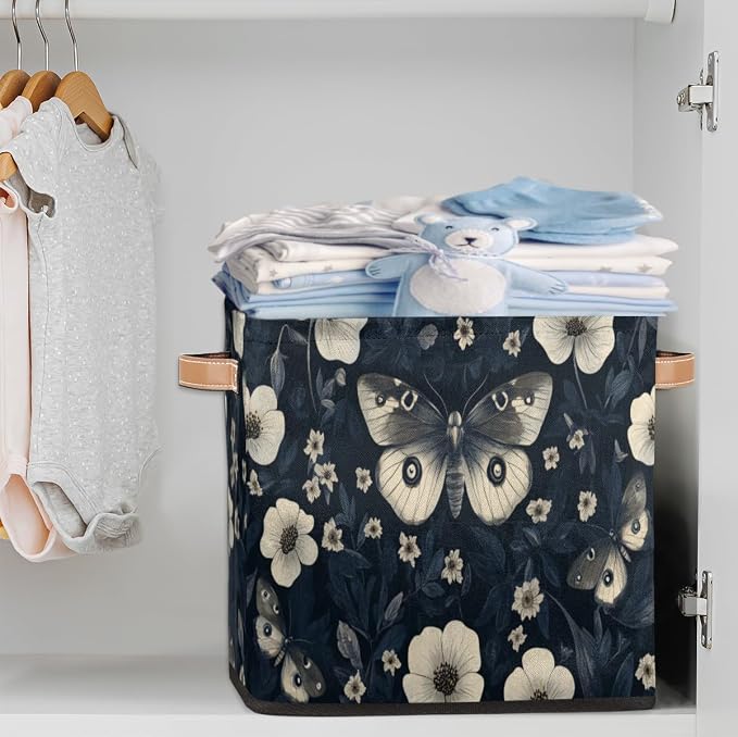 TropicalLife Flowers Moths Storage Cube, 13 Inch Fabric Cube Storage Organizer Bin for Shelves Clothes, Decorative Foldable Storage Boxes