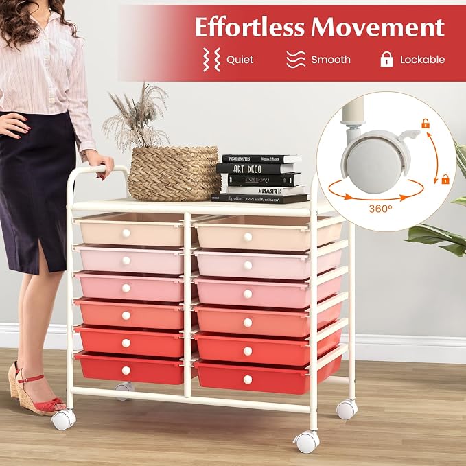 LDAILY 12 Drawer Rolling Storage Cart, Craft Cart Organizer on Wheels w/Metal Frame, Large Capacity & Smooth Drawer, Rolling Cart w/Drawers for Classroom, Office