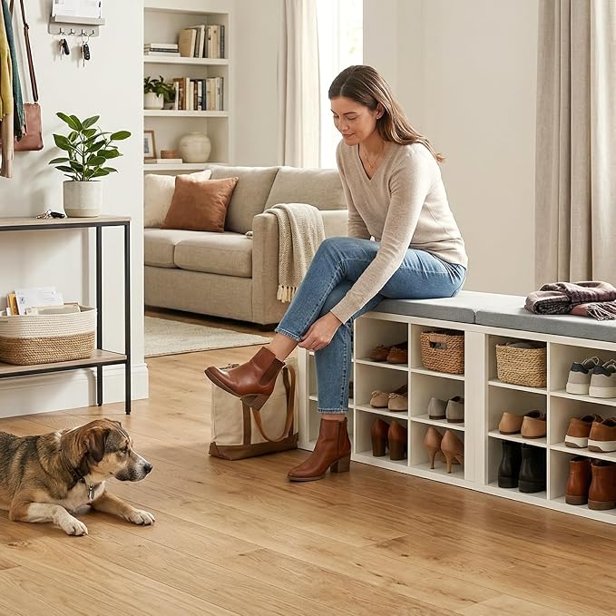 Shoe Rack Bench, Shoe Storage Bench with Cushion, Shoe Organizer 18 Cubbies for Entryway Hallway Bedroom Living Room, Holds Up to 400lbs