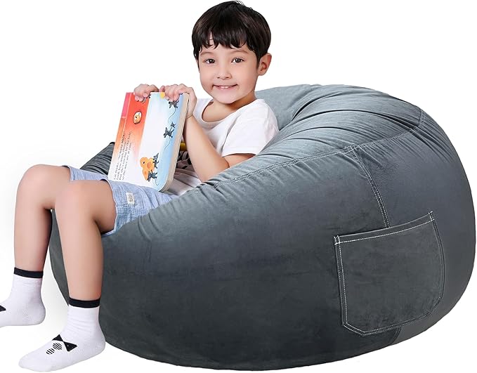 Lukeight Stuffed Animals Storage Bean Bag Chair Cover Only (Ships Empty, No Filling) - Velvet YKK Zipper Beanbag Cover for Big Kids and Teens, Washable Plush Toy Organizer, XX-Large 36" D x 20" H