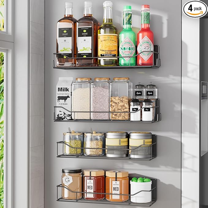 Magnetic Spice Rack for Refrigerator, 4 Pack Metal Strong Magnet Spice Organizer Shelves, Magnetic Fridge Shelf for Kitchen Seasoning Organizer Gadgets, Home Organization and Storage (Black)